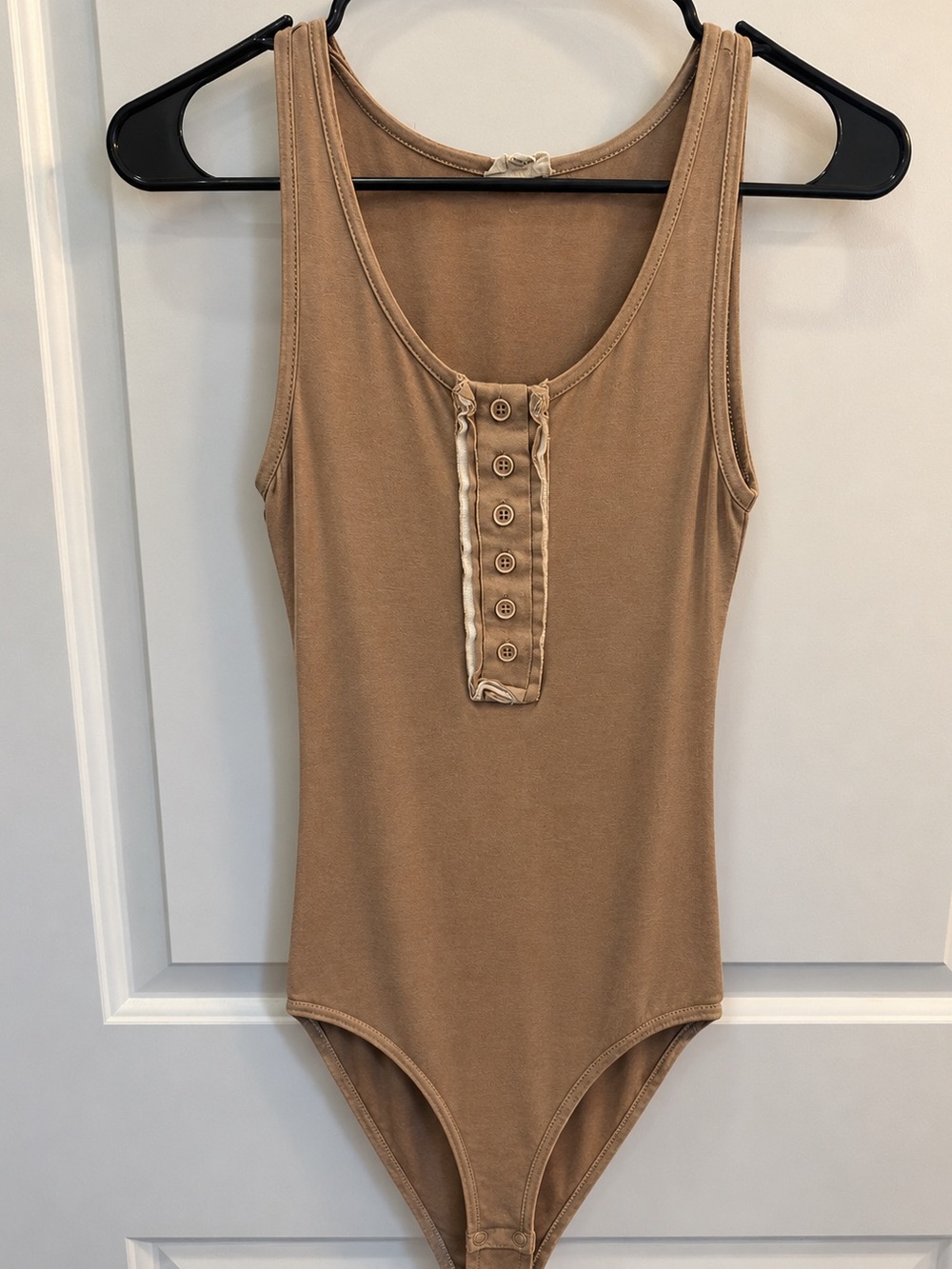 POL Women's Sleeveless Henley Bodysuit in Tan